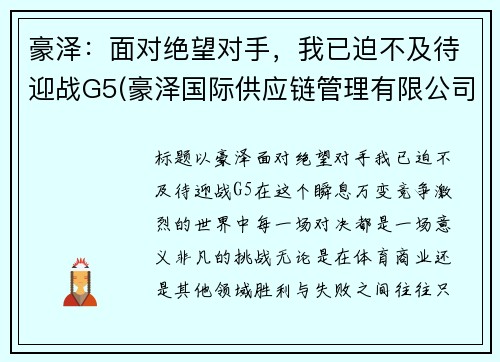 豪泽：面对绝望对手，我已迫不及待迎战G5(豪泽国际供应链管理有限公司)