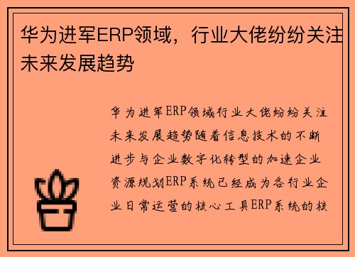华为进军ERP领域，行业大佬纷纷关注未来发展趋势