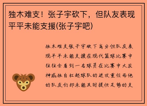 独木难支！张子宇砍下，但队友表现平平未能支援(张子宇吧)