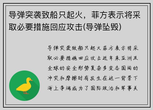 导弹突袭致船只起火，菲方表示将采取必要措施回应攻击(导弹坠毁)