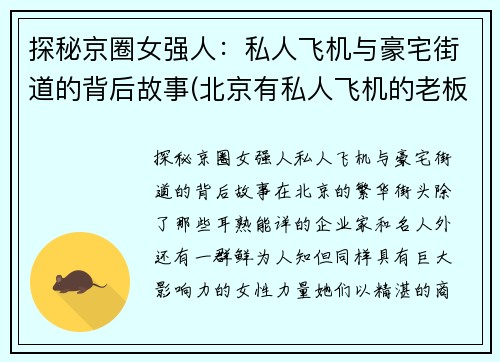 探秘京圈女强人：私人飞机与豪宅街道的背后故事(北京有私人飞机的老板)