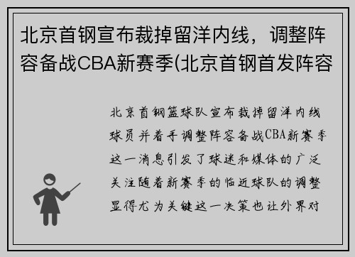北京首钢宣布裁掉留洋内线，调整阵容备战CBA新赛季(北京首钢首发阵容)