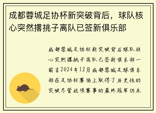 成都蓉城足协杯新突破背后，球队核心突然撂挑子离队已签新俱乐部